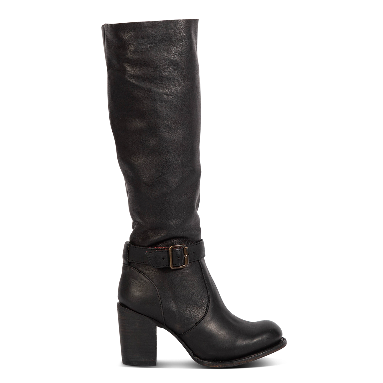 Freebird women's HOLLAND black leather tall boot with a full inside brass zipper, in-step adjustable belt and bold high heel 