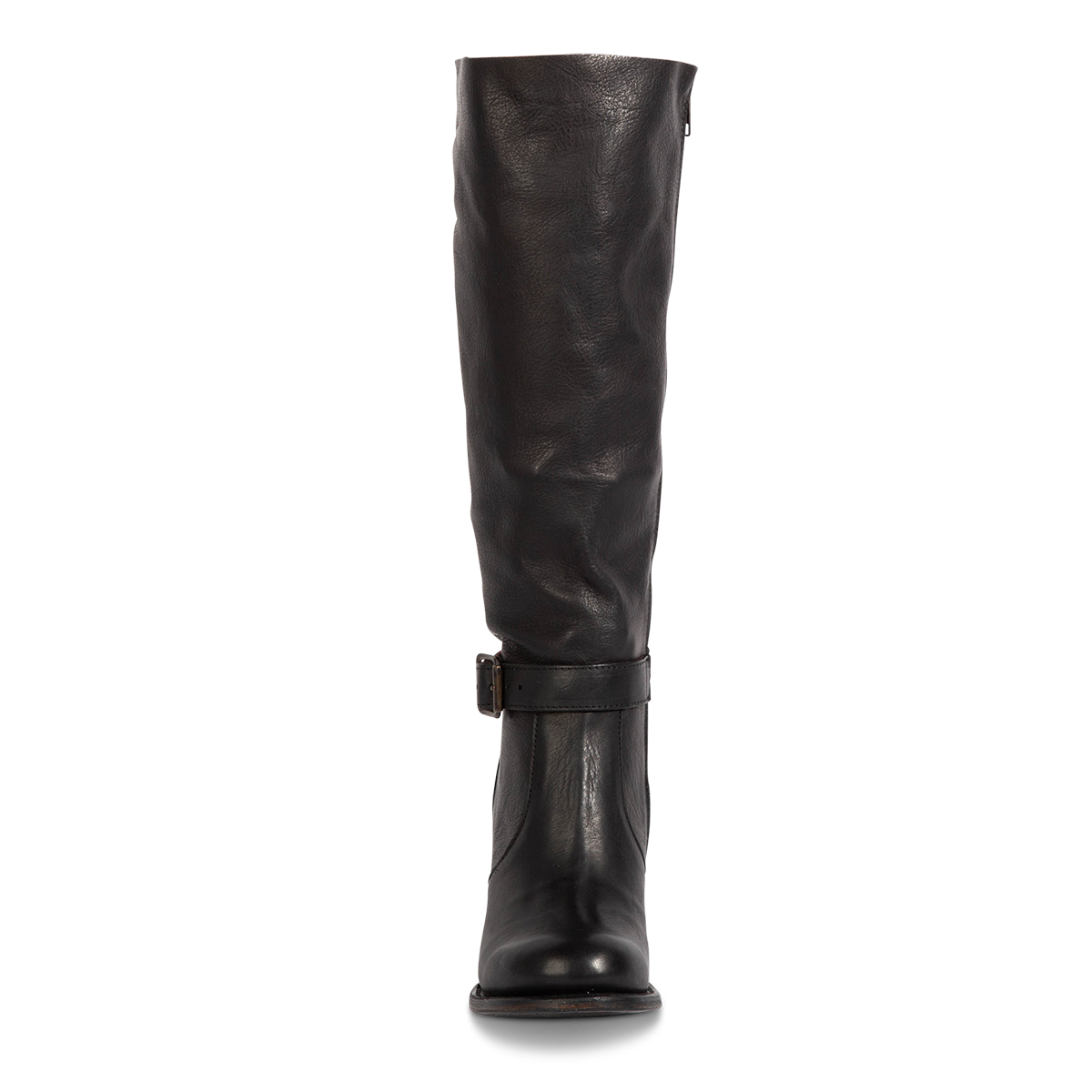 Front view showing Freebird women's HOLLAND black leather tall boot with an in-step adjustable belt knee high tall shaft