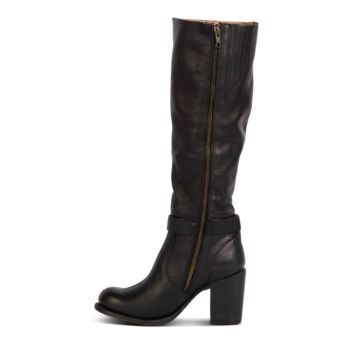 Inside view showing Freebird women's HOLLAND black leather tall boot with a full inside brass zipper, in-step adjustable belt and bold high heel