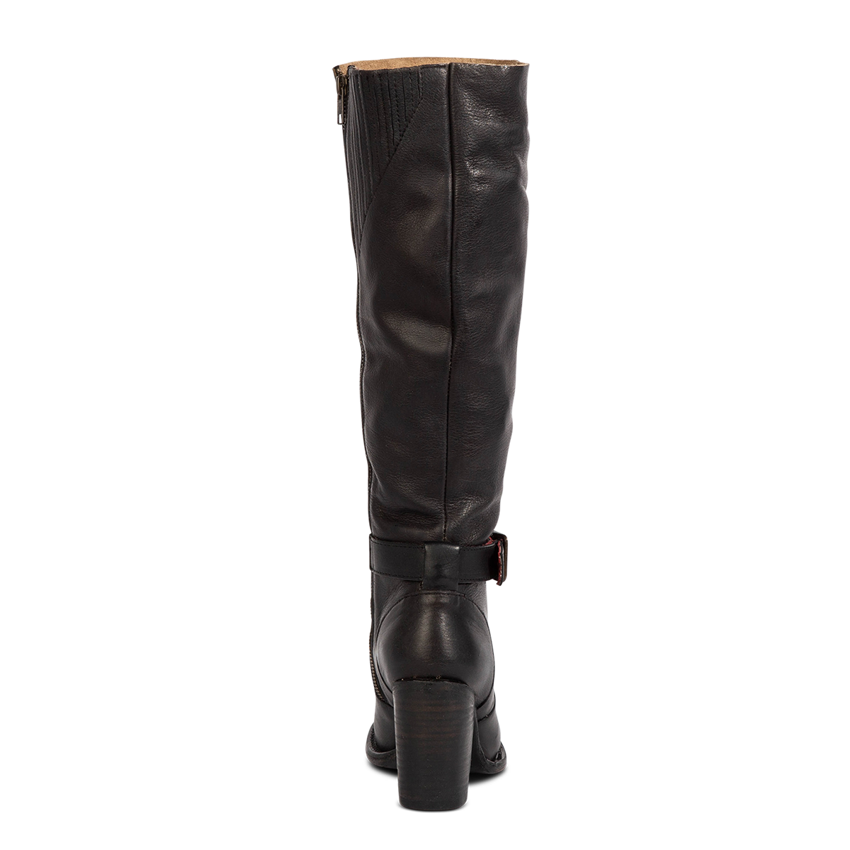 Back view showing Freebird women's HOLLAND black leather tall boot with a bold lifted heel and knee high tall shaft