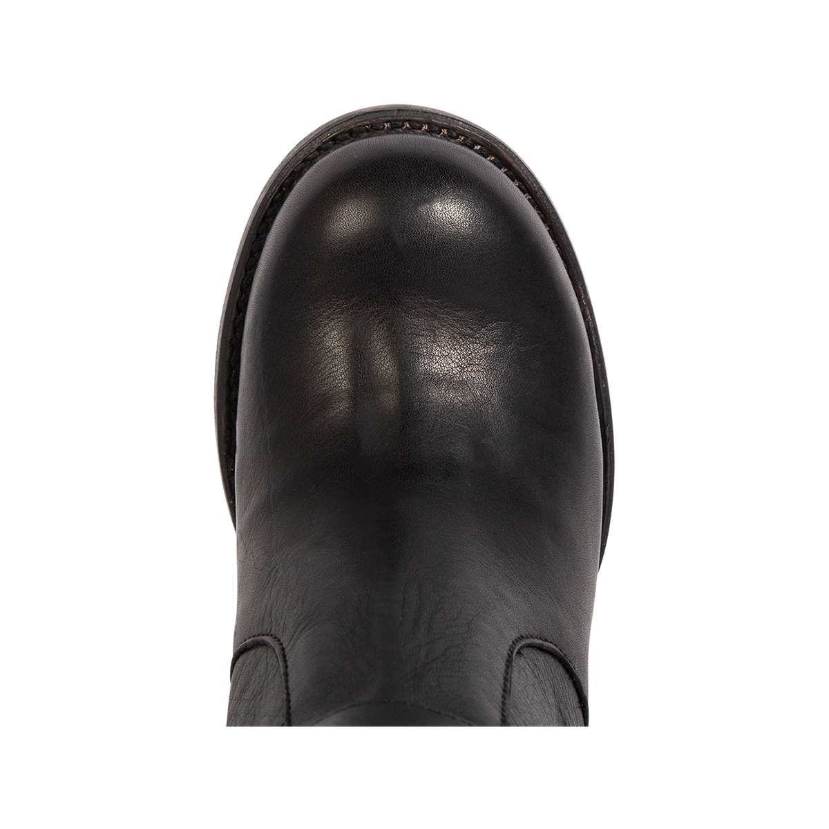 Top view showing round toe construction on Freebird women's Holland black leather tall boot