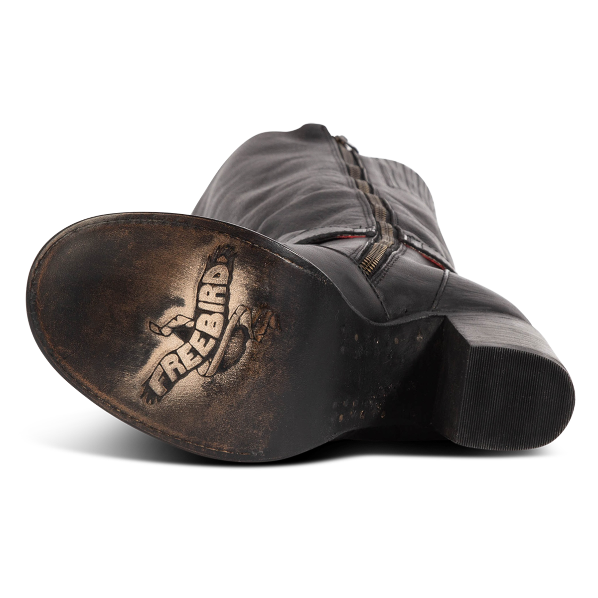 Leather sole imprinted with Freebird on women's Holland black leather tall shaft boot