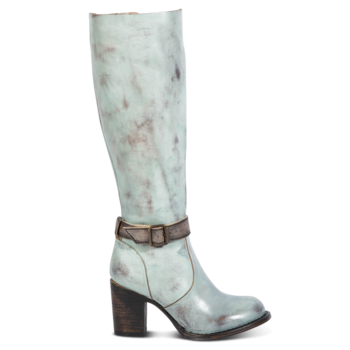 Freebird women's HOLLAND blue leather tall boot with a full inside brass zipper, in-step adjustable belt and bold high heel