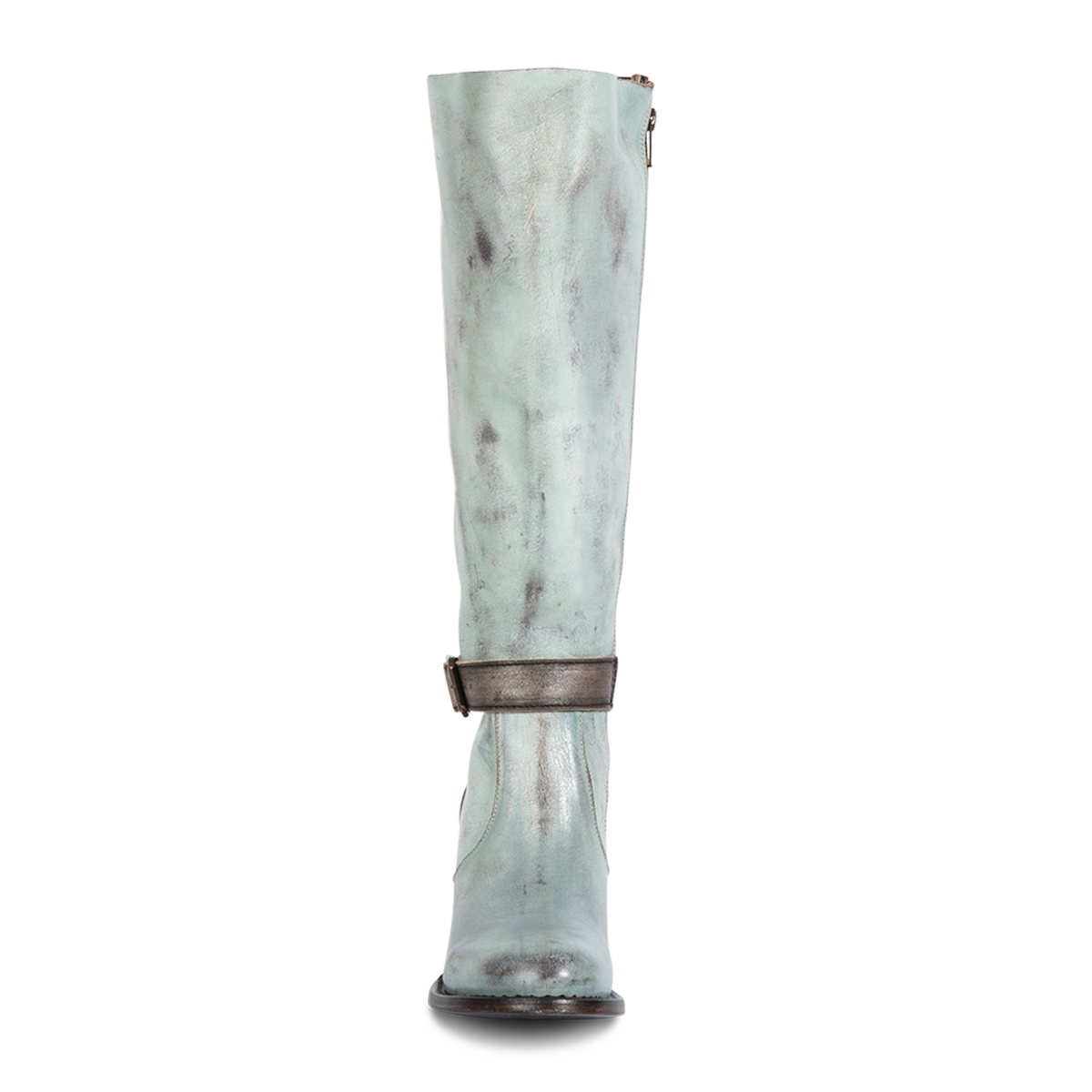 Front view showing Freebird women's HOLLAND blue leather tall boot with an in-step adjustable belt knee high tall shaft