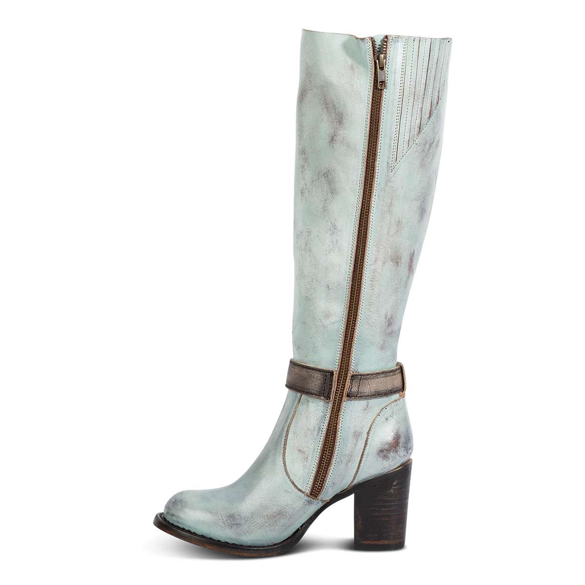 Inside view showing Freebird women's HOLLAND blue leather tall boot with a full inside brass zipper, in-step adjustable belt and bold high heel
