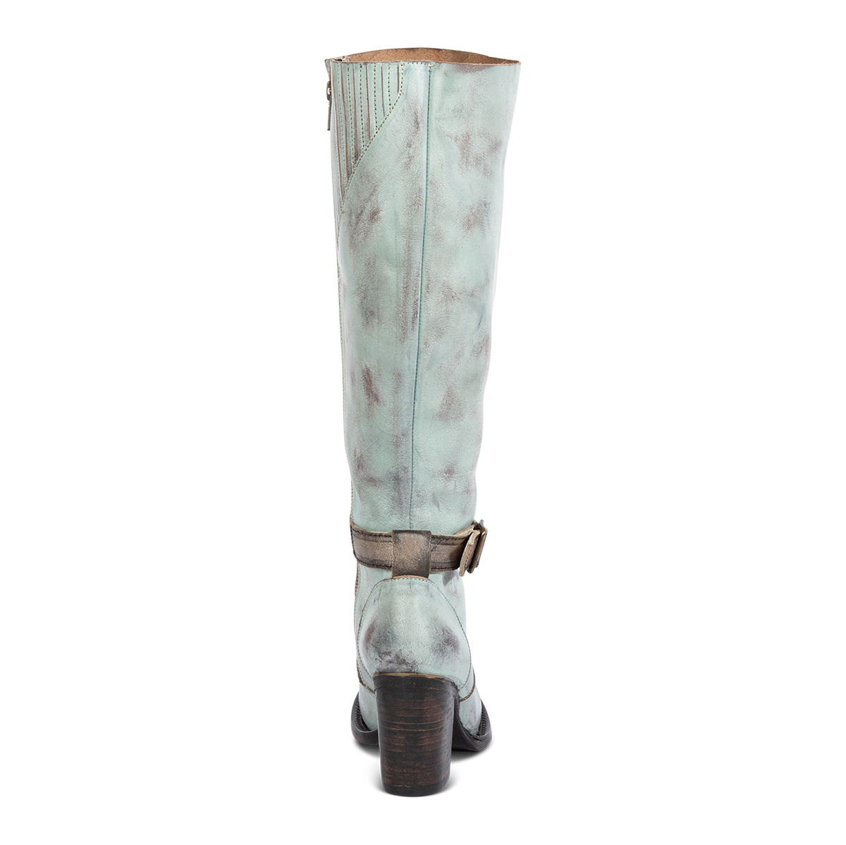 Back view showing Freebird women's HOLLAND blue leather tall boot with a bold lifted heel and knee high tall shaft