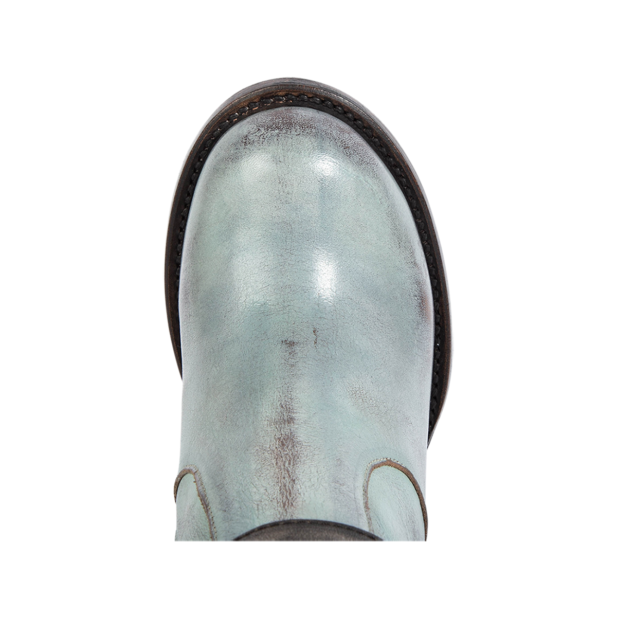 Top view showing round toe construction on Freebird women's Holland blue leather tall boot
