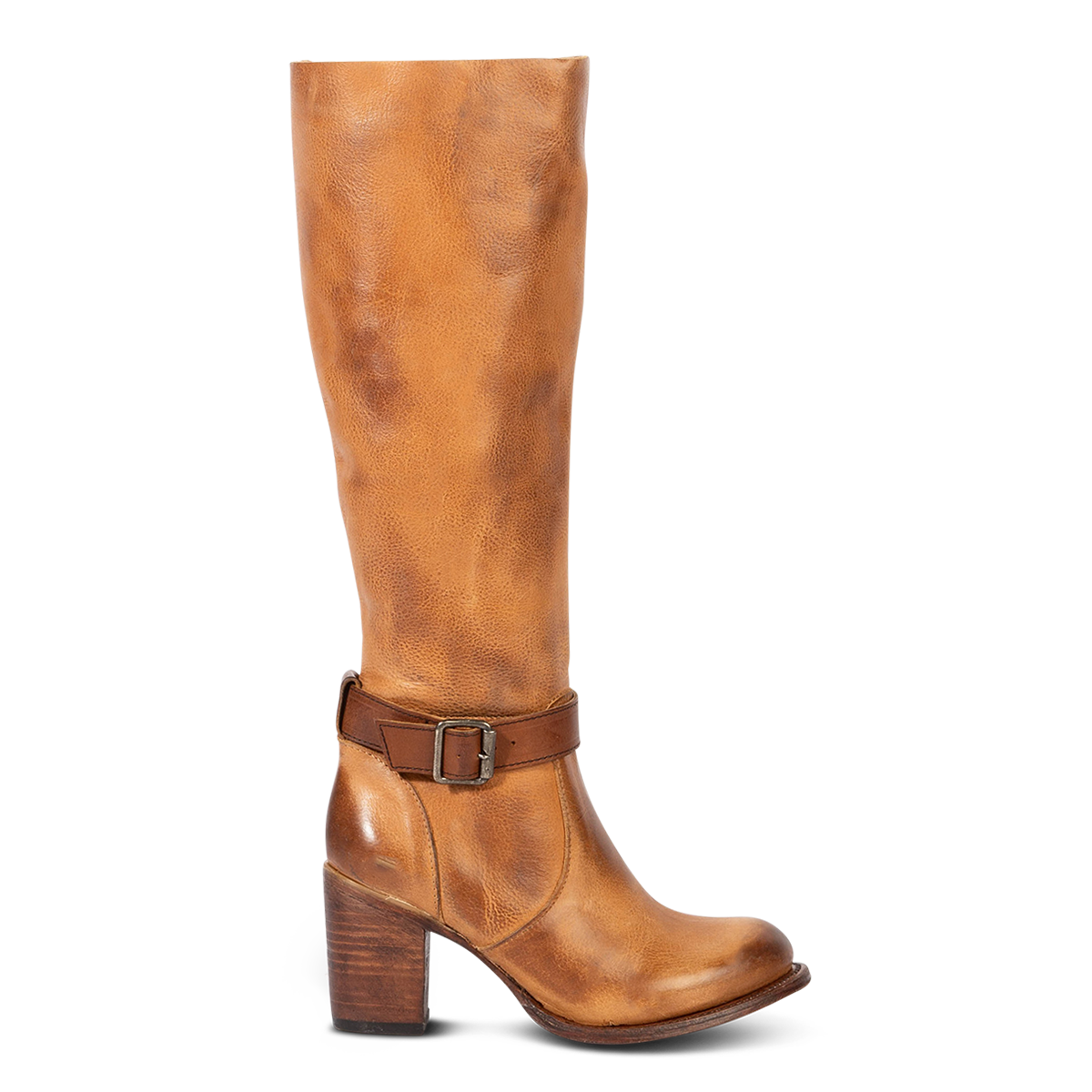 Freebird women's HOLLAND honey leather tall boot with a full inside brass zipper, in-step adjustable belt and bold high heel 