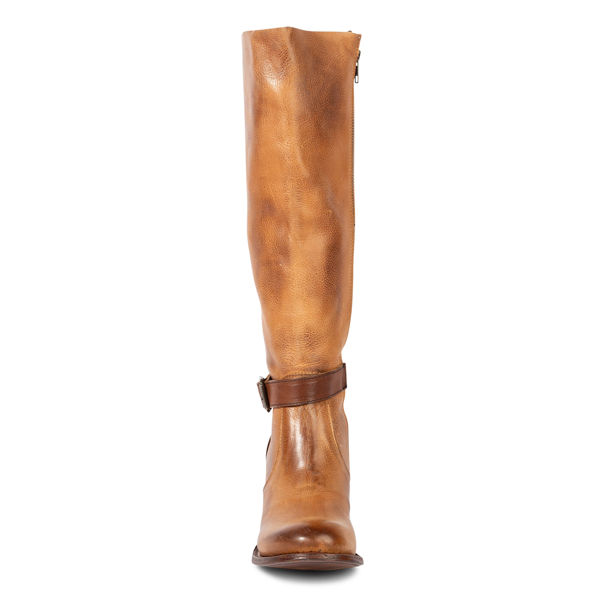 Front view showing Freebird women's HOLLAND honey leather tall boot with an in-step adjustable belt knee high tall shaft
