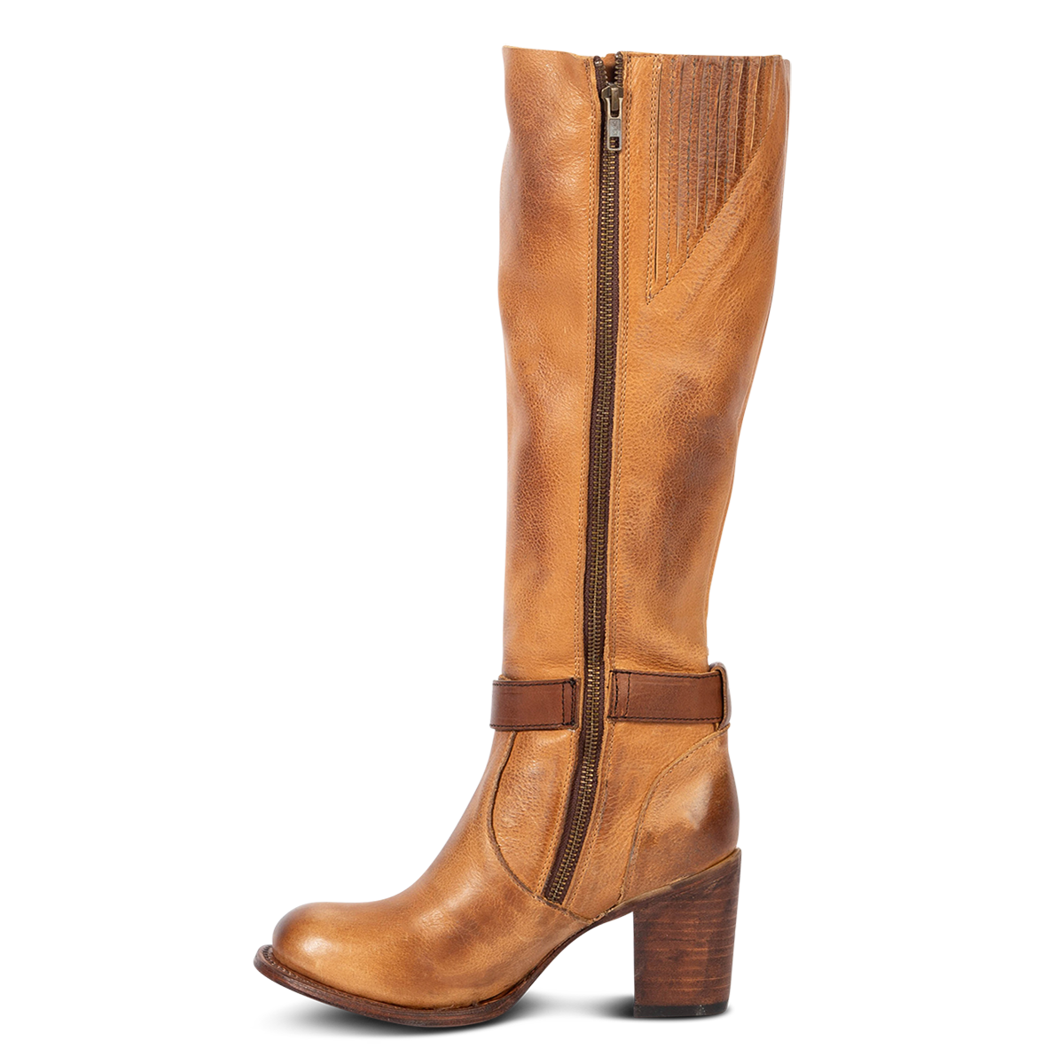 Inside view showing Freebird women's HOLLAND honey leather tall boot with a full inside brass zipper, in-step adjustable belt and bold high heel