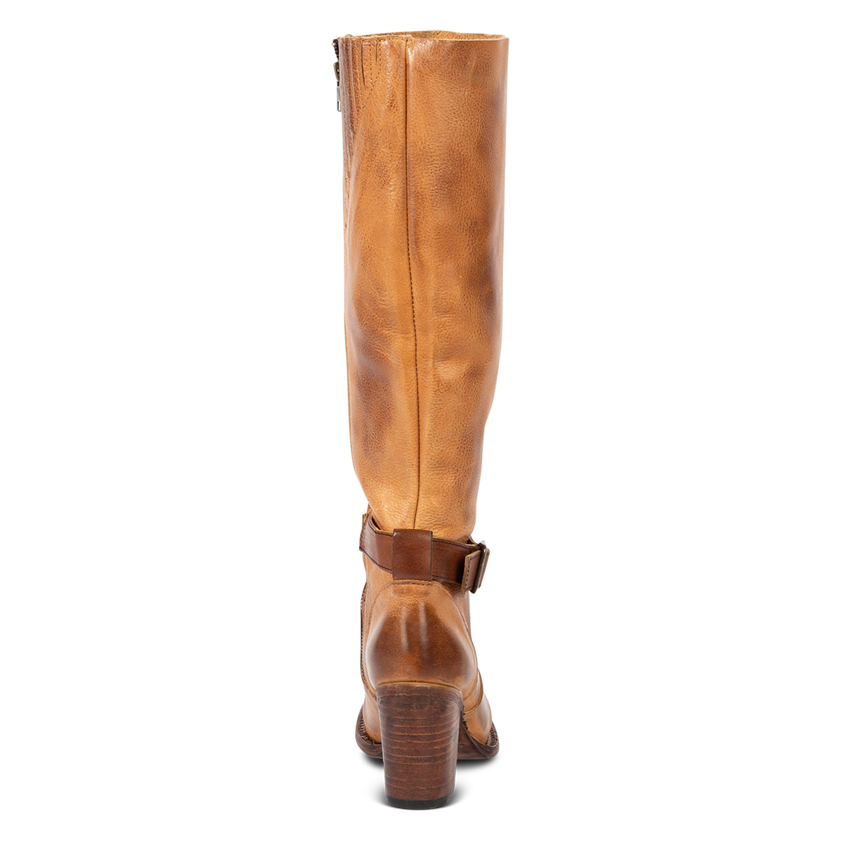 Back view showing Freebird women's HOLLAND honey leather tall boot with a bold lifted heel and knee high tall shaft