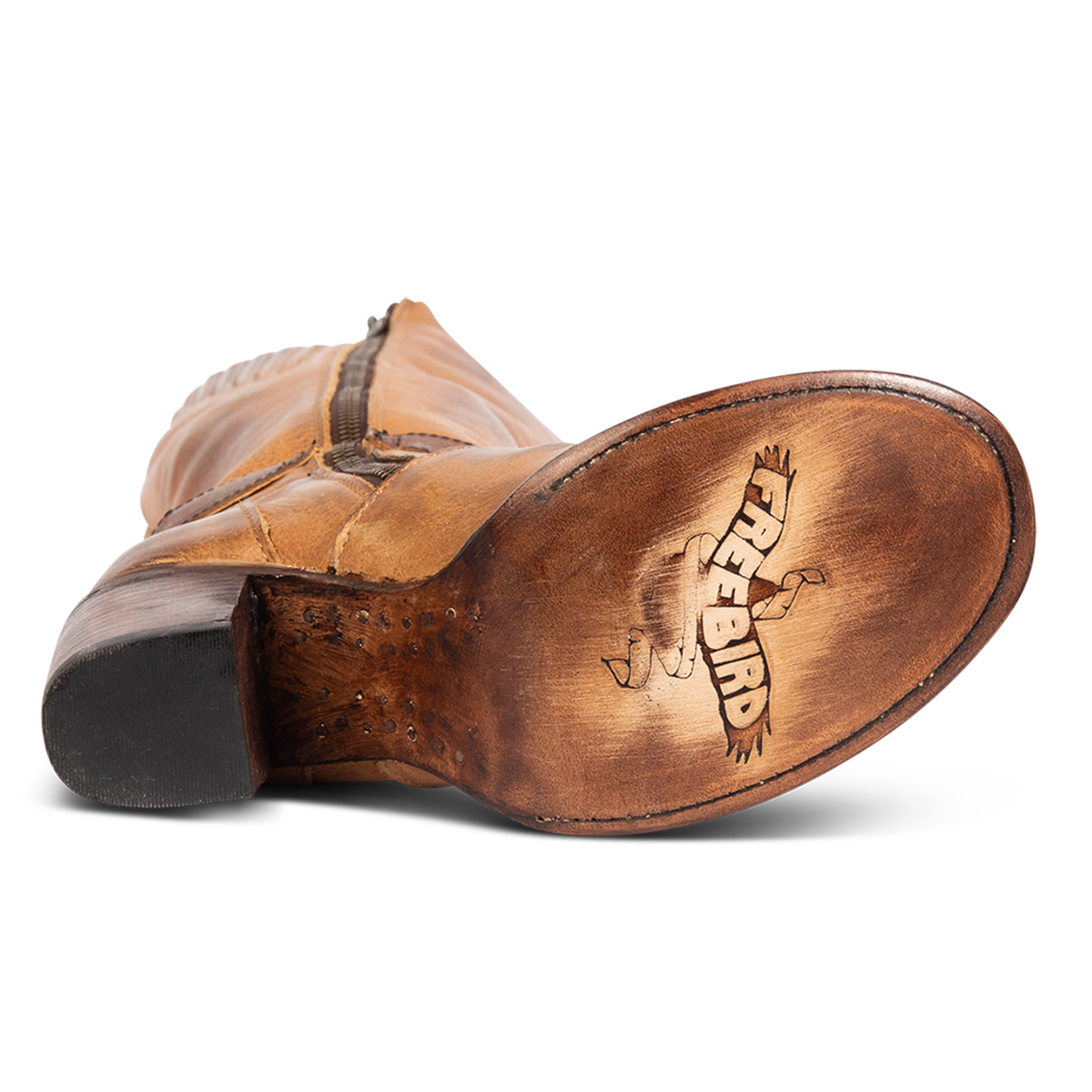 Leather sole imprinted with Freebird on women's Holland honey leather tall shaft boot