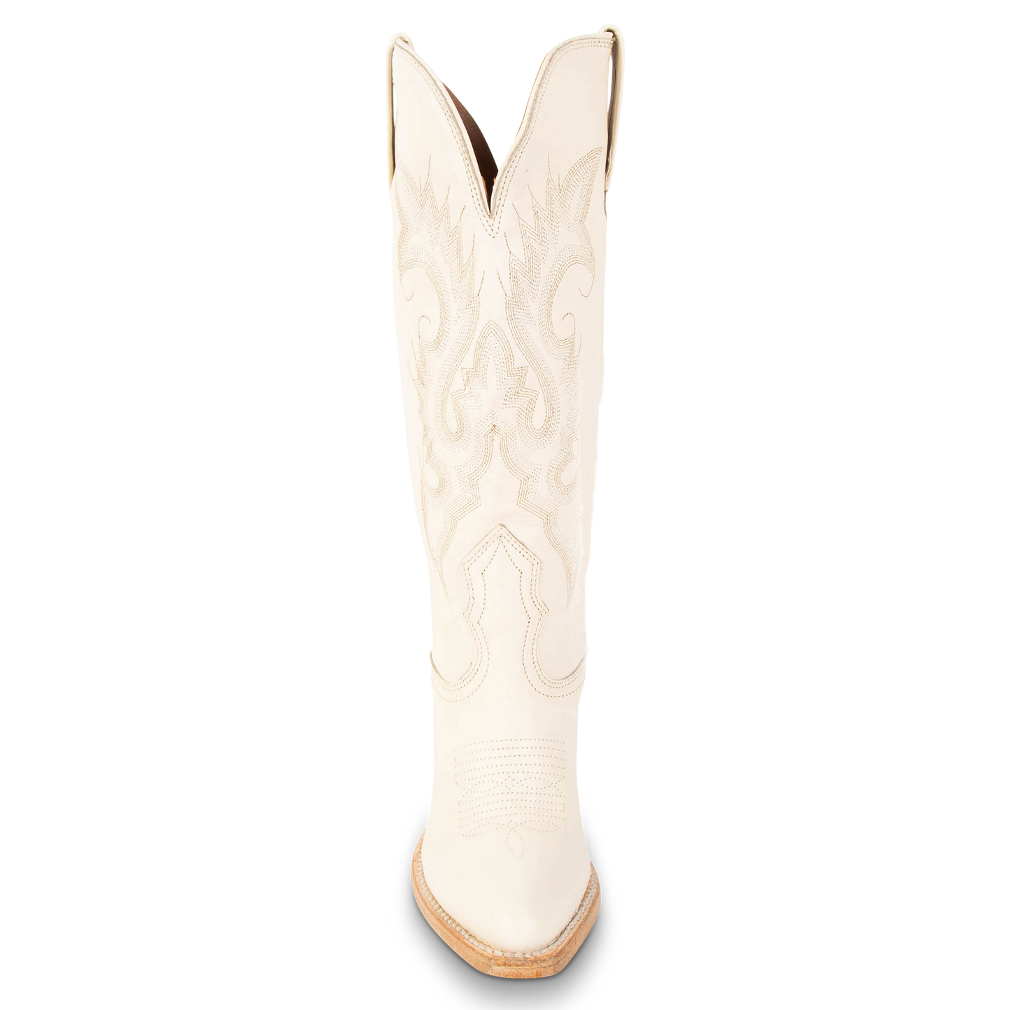 Front view showing stitch detailing and front dip on FREEBIRD women's Jackson beige leather high heel western boot