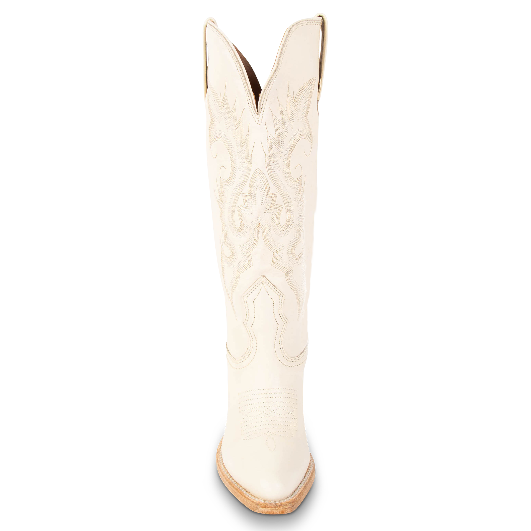 Front view showing stitch detailing and front dip on FREEBIRD women's Jackson beige leather high heel western boot