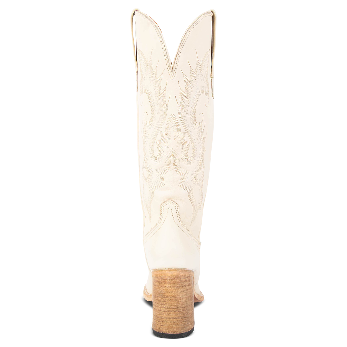 Back view showing back dip and leather high heel with stitch detailing on FREEBIRD women's Jackson beige leather western boot