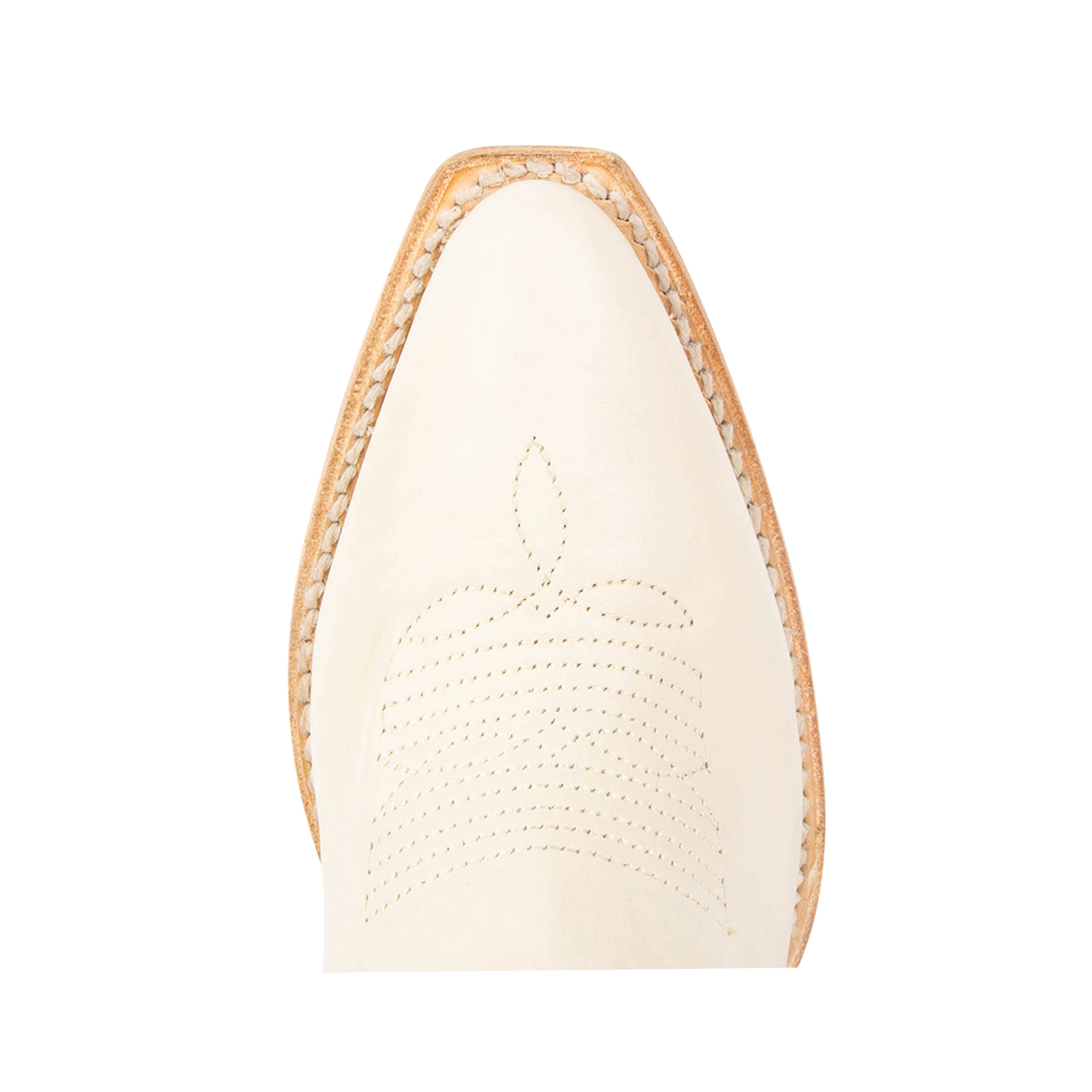 Top view showing snip toe construction with stitch detailing on FREEBIRD women's Jackson beige leather high heel western boot