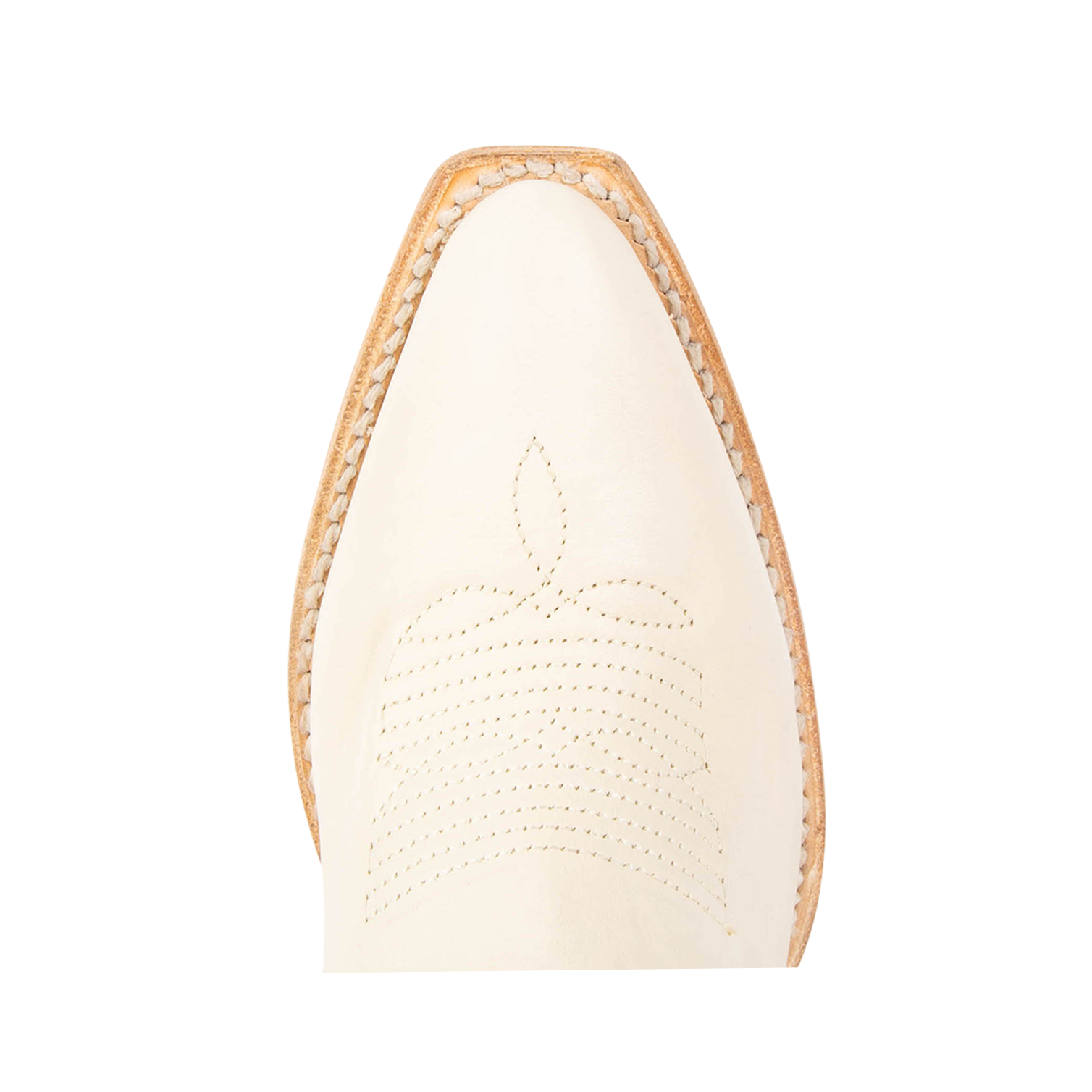 Top view showing snip toe construction with stitch detailing on FREEBIRD women's Jackson beige leather high heel western boot