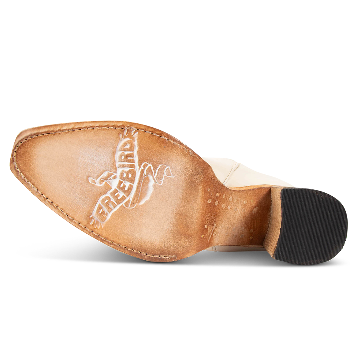 Leather sole imprinted with FREEBIRD on women's Jackson beige leather high heel western boot