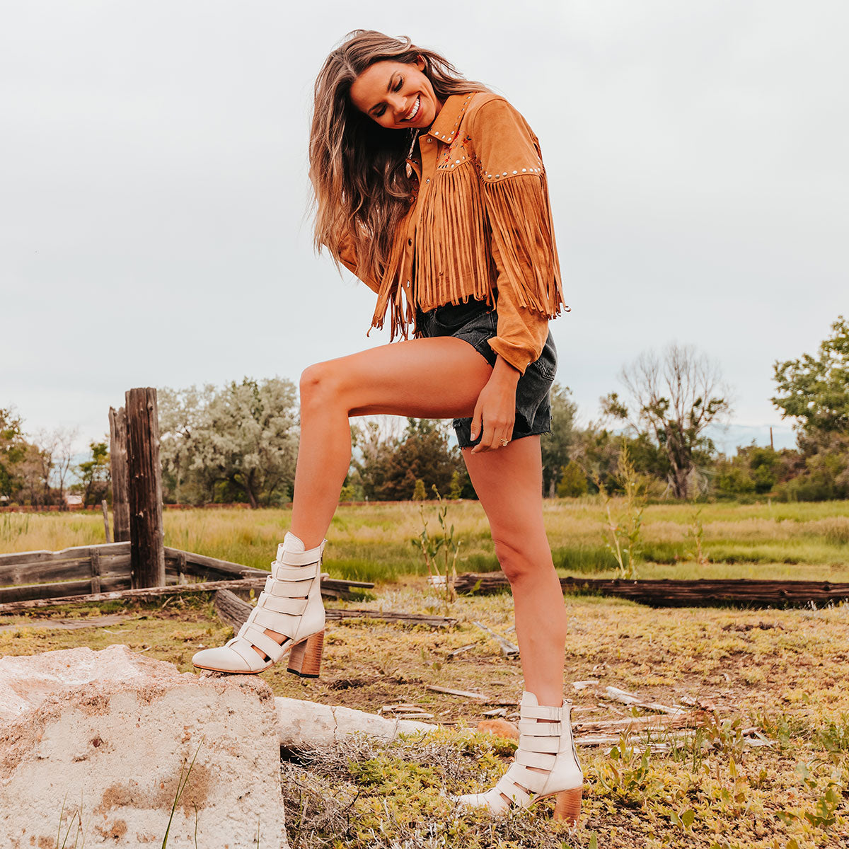 FREEBIRD women's Jagger beige leather bootie with flare heel and pointed toe lifestyle