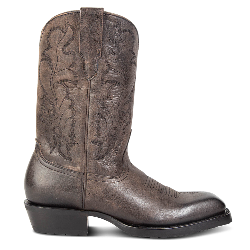 FREEBIRD men's James black boot with traditional Western stitching, tread sole and leather pull straps 