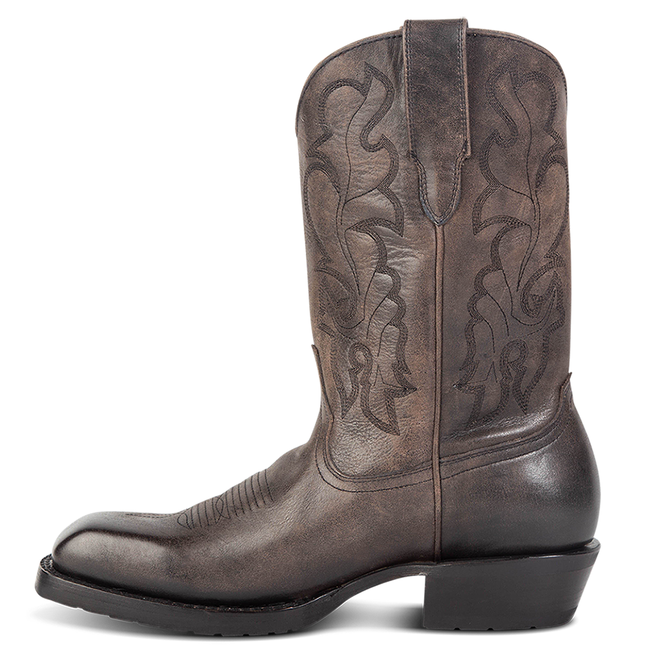 Inside view FREEBIRD men's James black boot with traditional Western stitching, tread sole and leather pull straps 