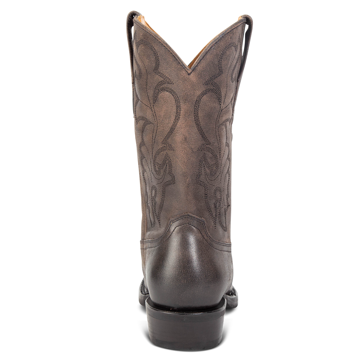Back view showing FREEBIRD men's James black boot with traditional Western stitching, tread sole and leather pull straps 
