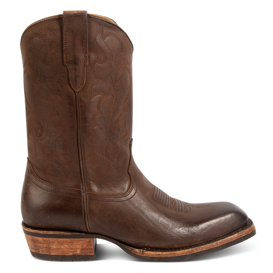 FREEBIRD men's James brown leather boot with traditional Western stitching, tread sole and leather pull straps 