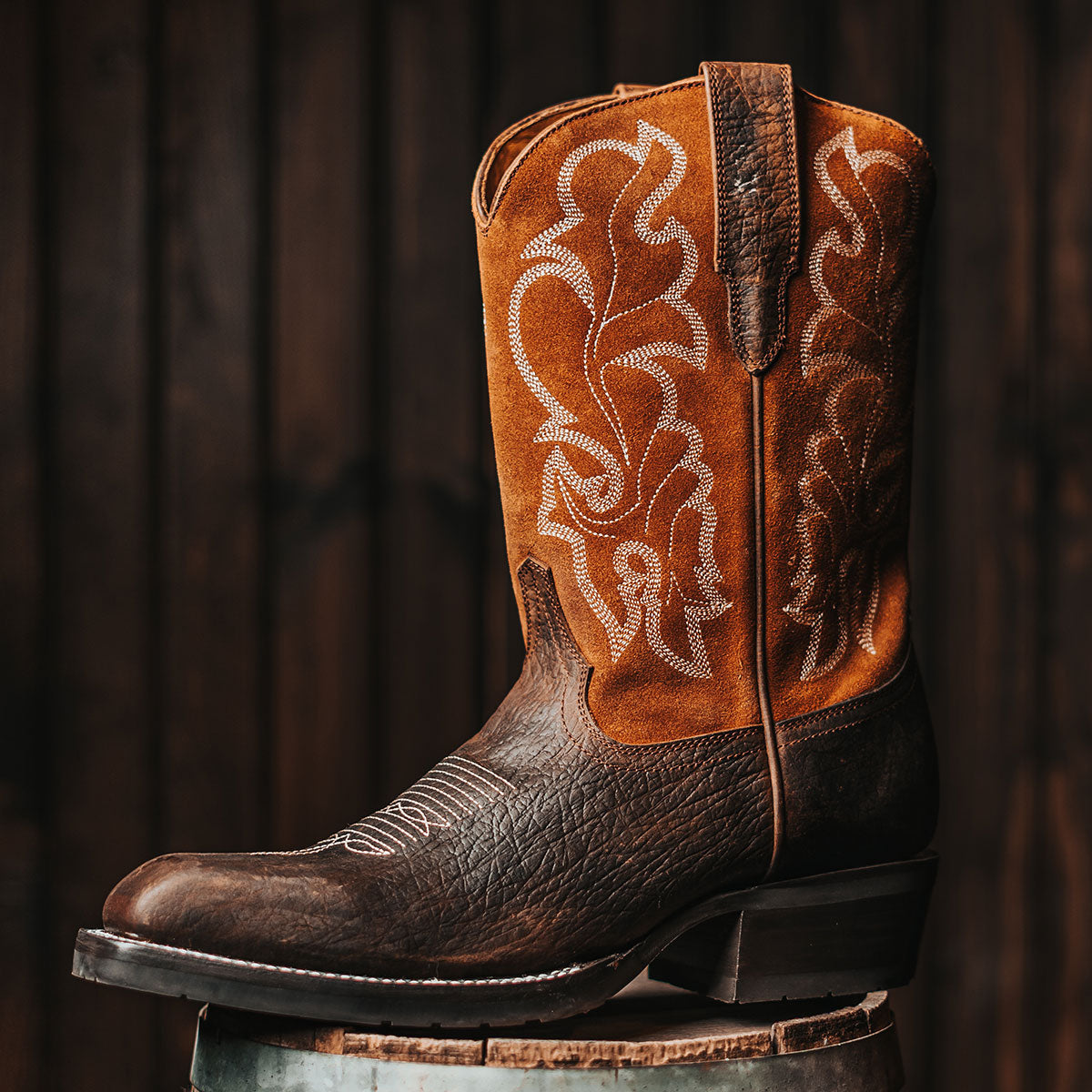 FREEBIRD men's James brown boot with traditional Western stitching, tread sole and leather pull straps 
