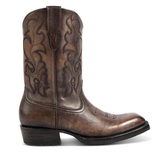 FREEBIRD men's James grey distressed leather boot with traditional Western stitching, tread sole and leather pull straps 