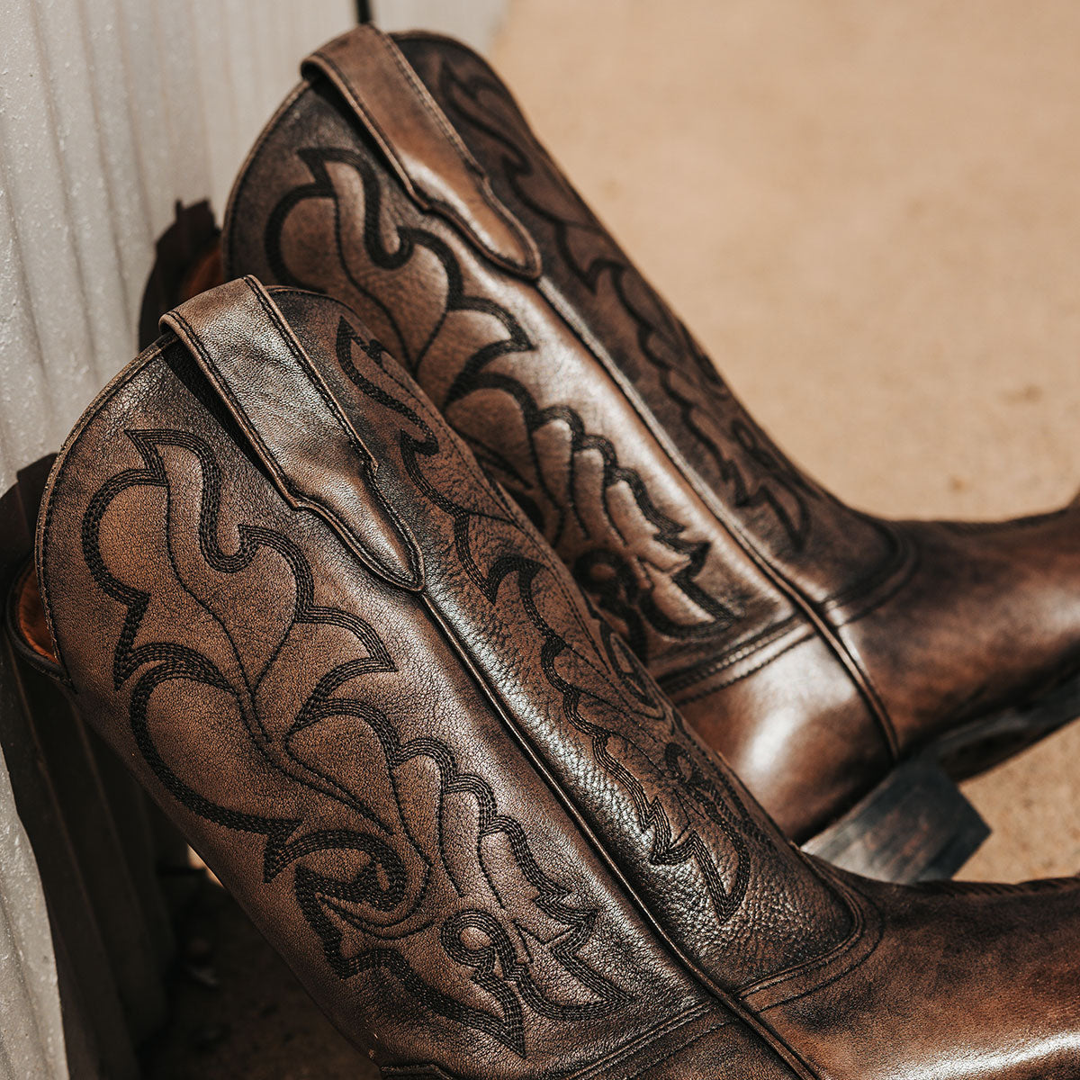 FREEBIRD men's James grey distressed leather boot with traditional Western stitching, tread sole and leather pull straps 