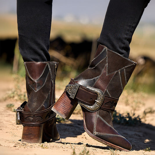 Freebird women's JAYMIE brown multi patchwork leather bootie with a removable buckle, lifted heel and pointed toe silhouette