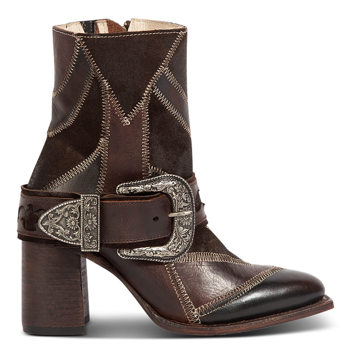 Freebird women's JAYMIE brown multi patchwork leather bootie with a removable buckle, lifted heel and pointed toe silhouette