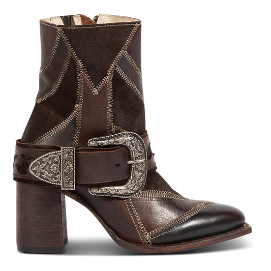Freebird women's JAYMIE brown multi patchwork leather bootie with a removable buckle, lifted heel and pointed toe silhouette