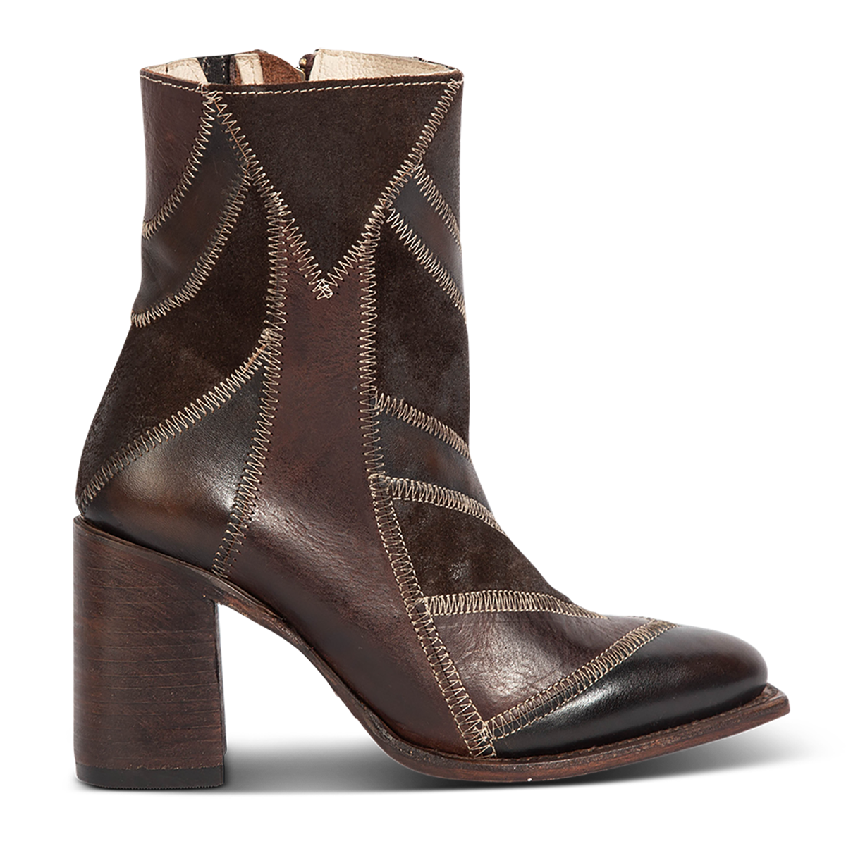 Freebird women's JAYMIE brown multi patchwork leather bootie with in-step buckle removed, lifted heel and pointed toe silhouette