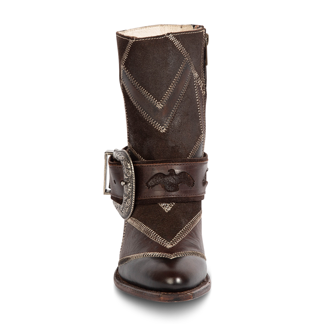 Front view showing Freebird women's JAYMIE brown multi patchwork leather bootie with a removable buckle and pointed toe silhouette