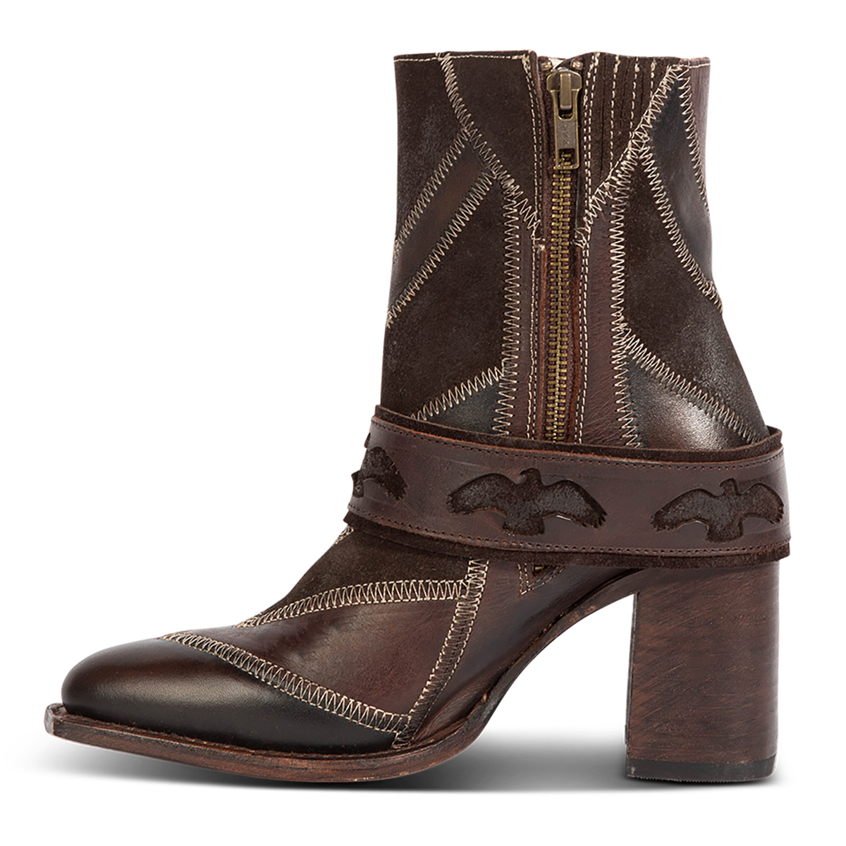 Inside view showing Freebird women's JAYMIE brown multi patchwork leather bootie with a removable buckle, lifted heel and working brass inside zipper