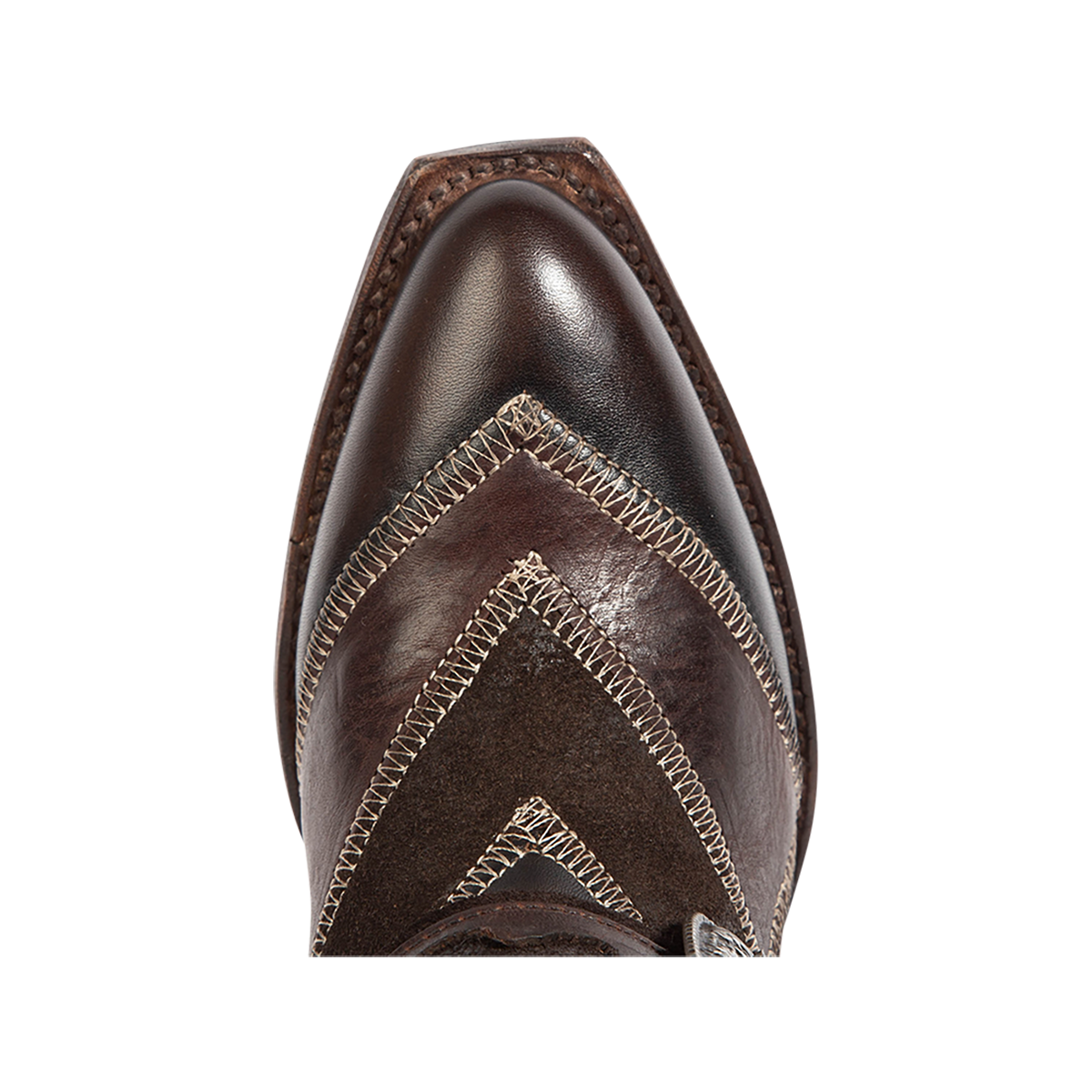 Top view showing a pointed toe silhouette and patchwork leather detailing on Freebird women's JAYMIE brown multi patchwork leather bootie 