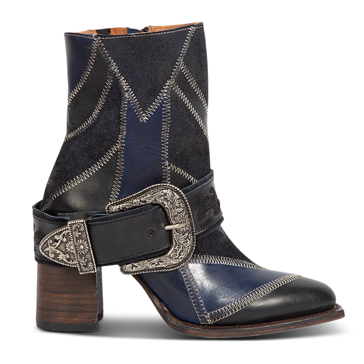 Freebird women's JAYMIE navy multi patchwork leather bootie with a removable buckle, lifted heel and pointed toe silhouette