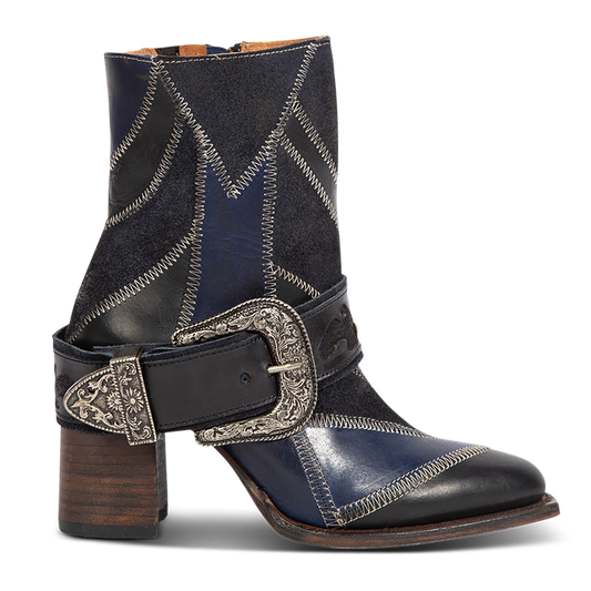 Freebird women's JAYMIE navy multi patchwork leather bootie with a removable buckle, lifted heel and pointed toe silhouette