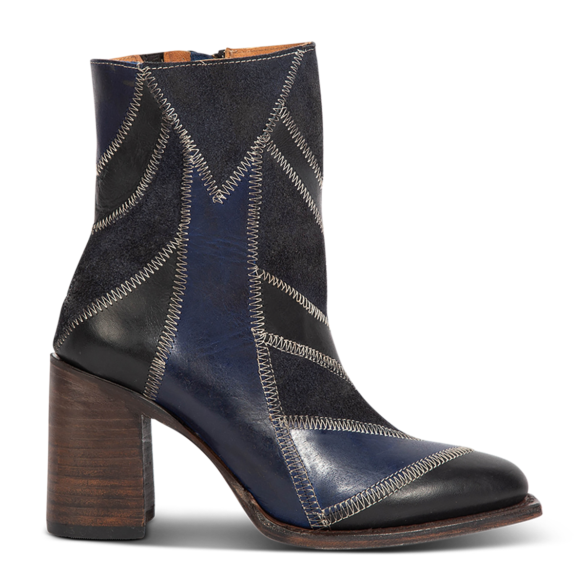 Freebird women's JAYMIE navy multi patchwork leather bootie with in-step buckle removed, lifted heel and pointed toe silhouette