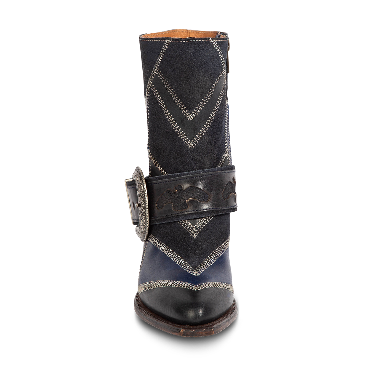 Front view showing Freebird women's JAYMIE navy multi patchwork leather bootie with a removable buckle and pointed toe silhouette