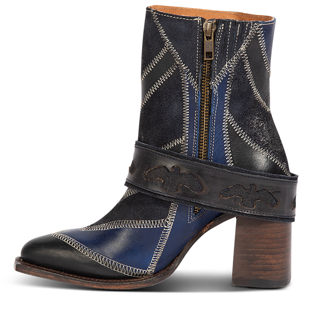 Inside view showing Freebird women's JAYMIE navy multi patchwork leather bootie with a removable buckle, lifted heel and working brass inside zipper