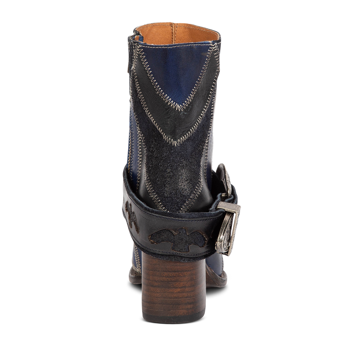 Back view showing Freebird women's JAYMIE navy multi patchwork leather bootie with a lifted heel and removable belt