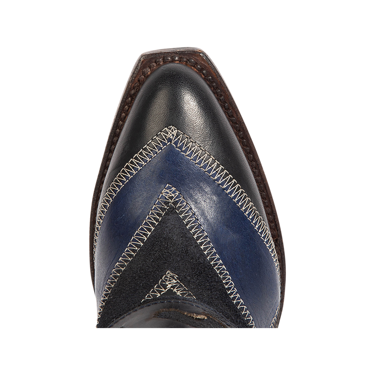 Top view showing pointed toe silhouette and patchwork leather detailing on Freebird women's JAYMIE navy multi patchwork leather bootie 