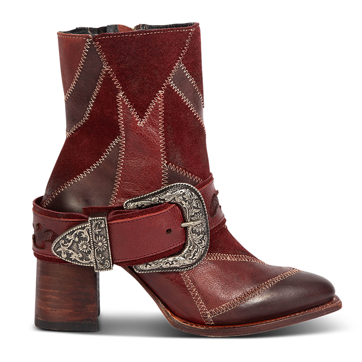 Freebird women's JAYMIE wine multi patchwork leather bootie with a removable buckle, lifted heel and pointed toe silhouette