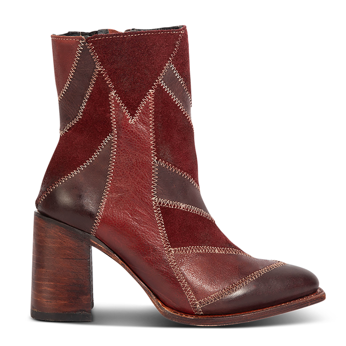 Freebird women's JAYMIE wine multi patchwork leather bootie with in-step buckle removed, lifted heel and pointed toe silhouette