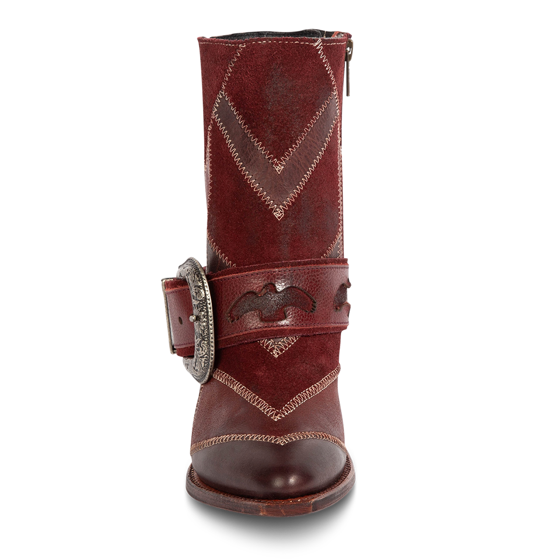 Front view showing Freebird women's JAYMIE wine multi patchwork leather bootie with a removable buckle and pointed toe silhouette