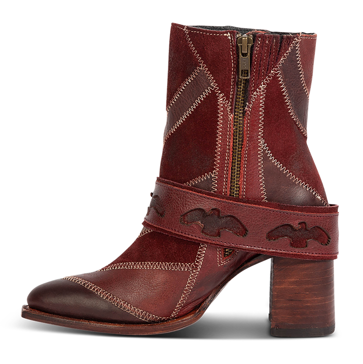 Inside view showing Freebird women's JAYMIE wine multi patchwork leather bootie with a removable buckle, lifted heel and working brass inside zipper