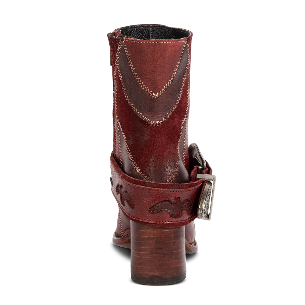 Back view showing Freebird women's JAYMIE wine multi patchwork leather bootie with a lifted heel and removable belt