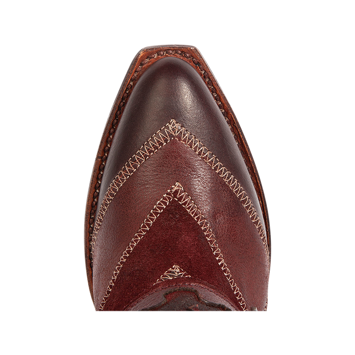Top view showing pointed toe silhouette and patchwork leather detailing on Freebird women's JAYMIE wine multi patchwork leather bootie 